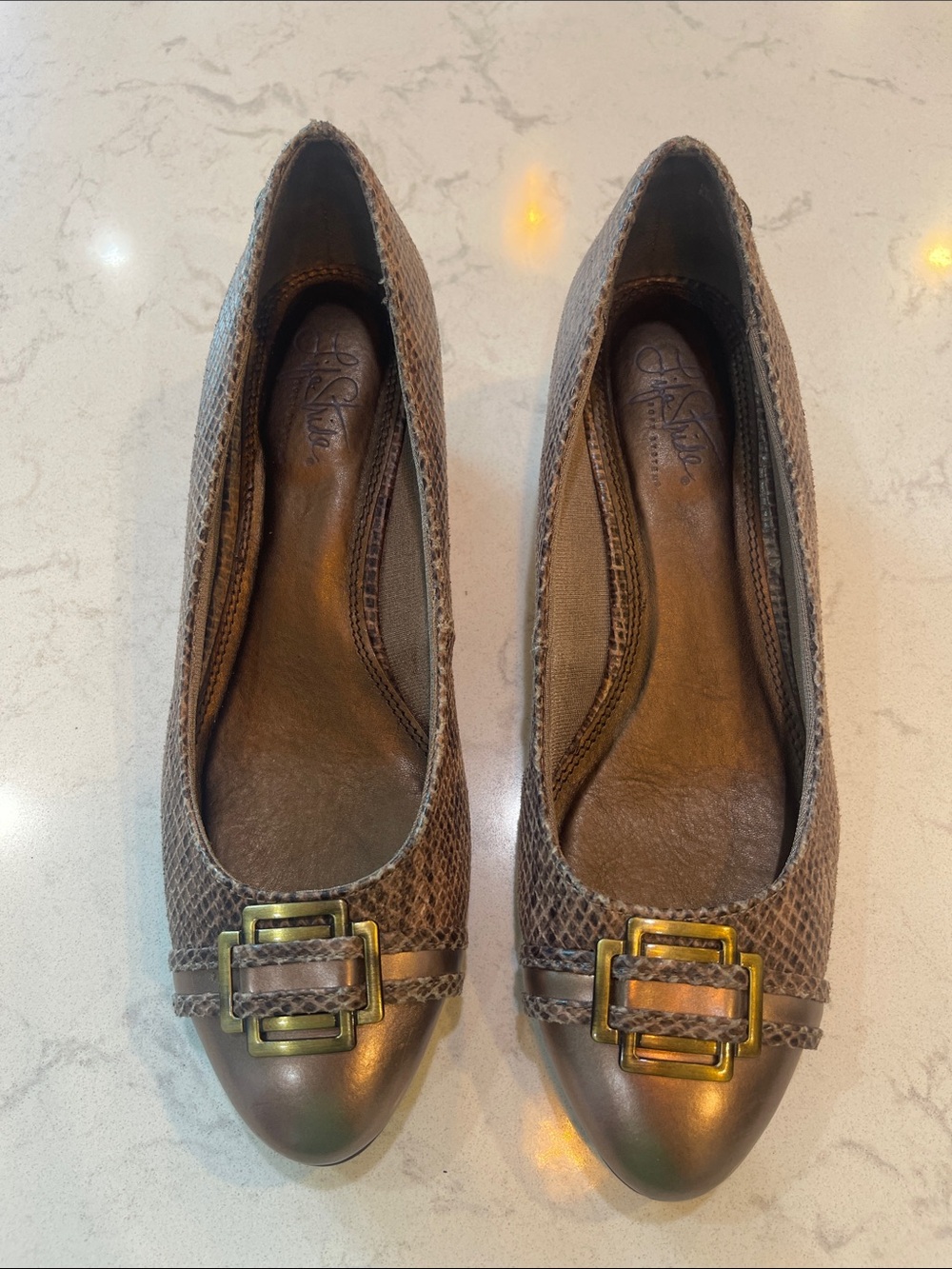 Life Stride Taupe Textured Leather Ballet Flats with Gold Buckle
